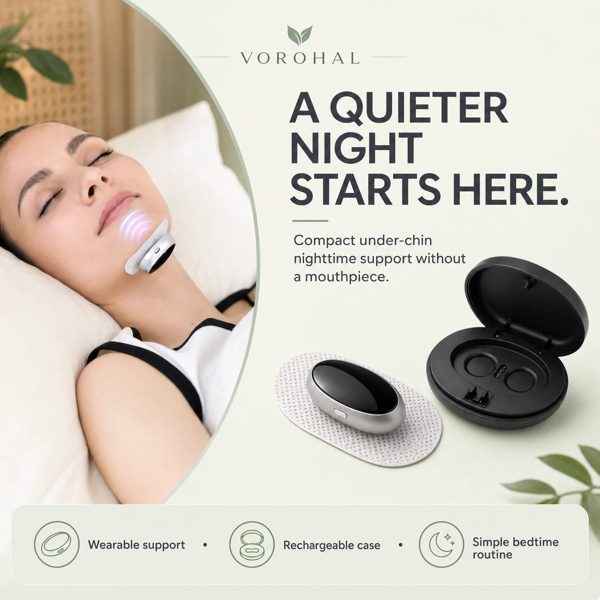 VoroHal Sleep Aid — a quieter night starts here: under-chin wearable, electrode patch and rechargeable case