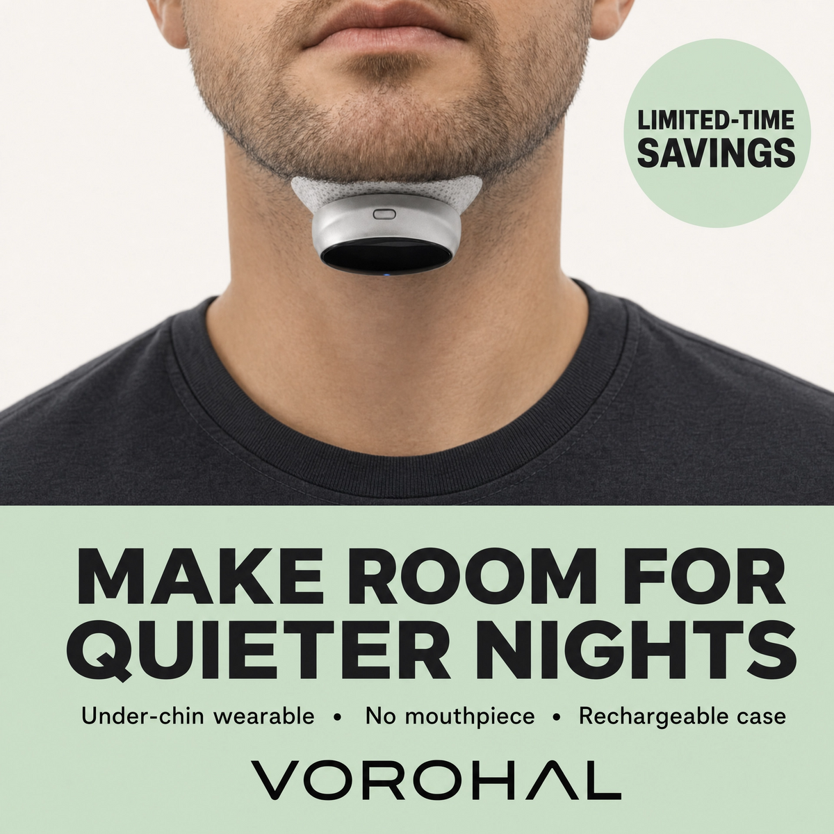 The VoroHal Sleep Aid worn under the chin on an electrode patch