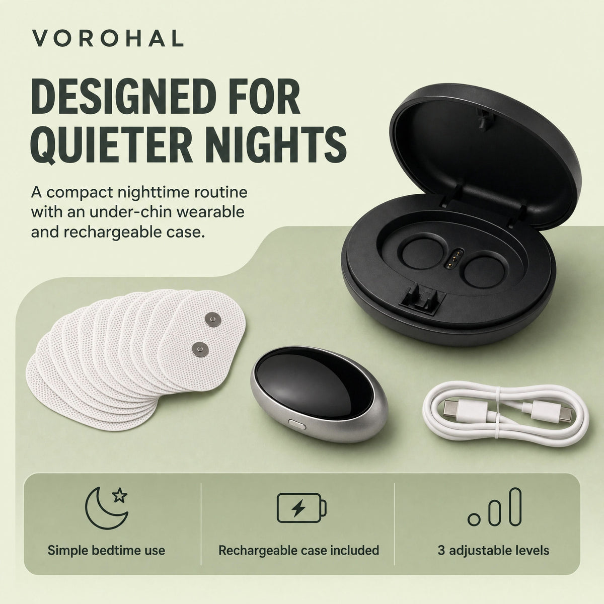 VoroHal Sleep Aid kit: rechargeable case, electrode patches, wearable and USB-C cable