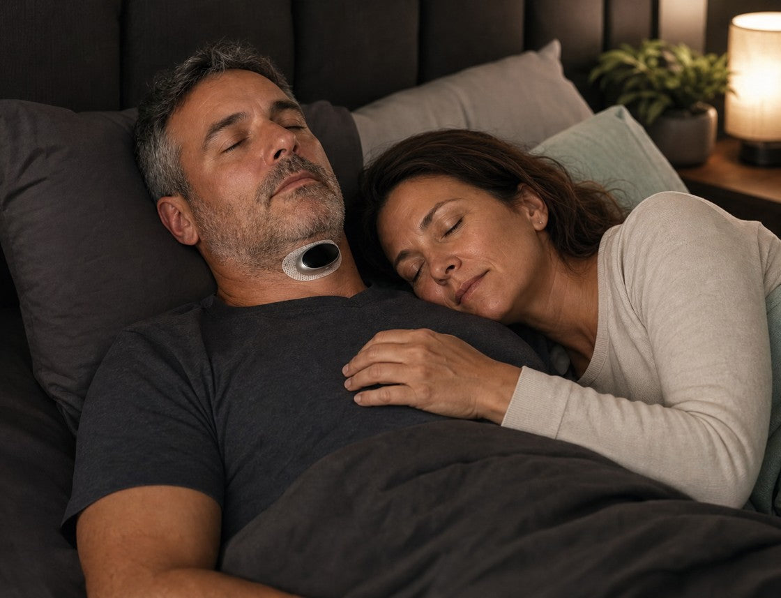 A couple asleep, the man wearing the VoroHal Sleep Aid under his chin