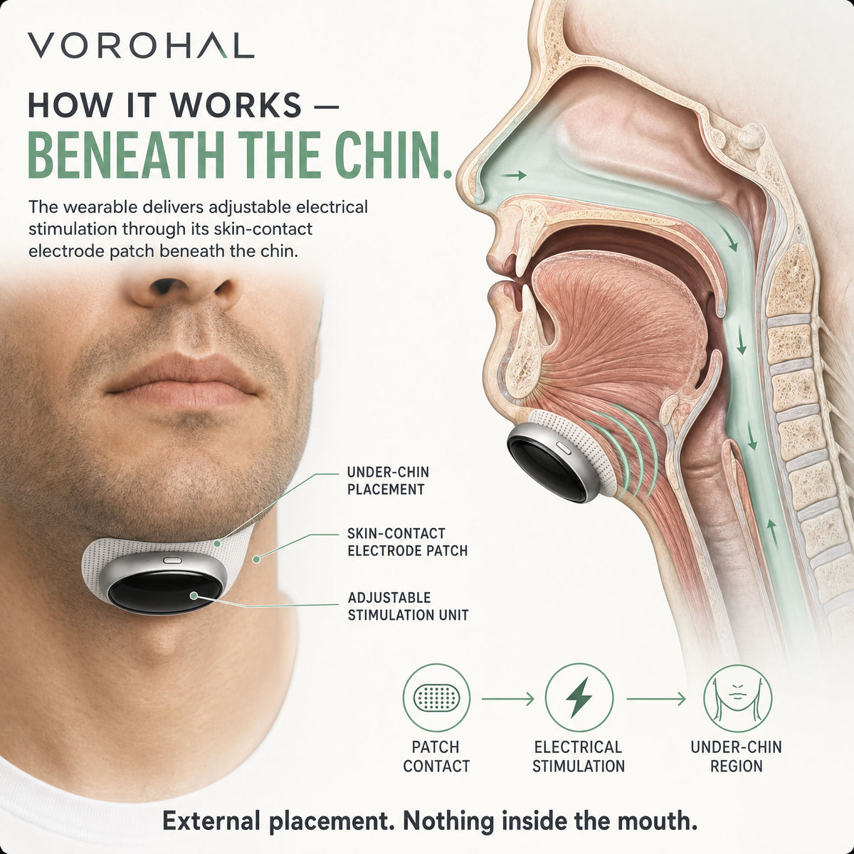 How VoroHal works: the wearable delivers adjustable electrical stimulation through a skin-contact electrode patch beneath the chin. External placement, nothing inside the mouth.