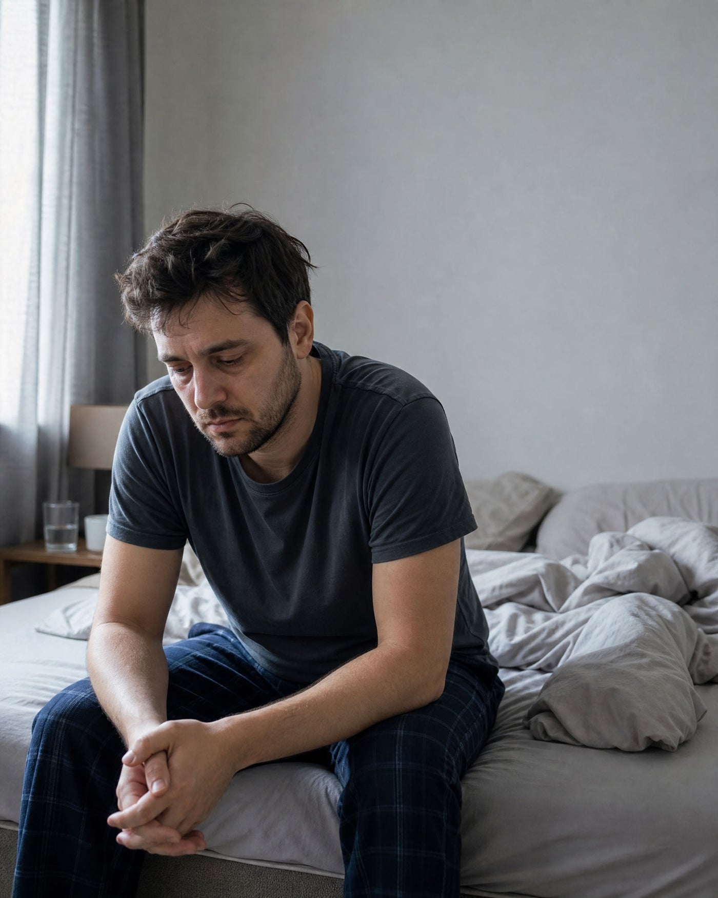 A man sitting on the edge of an unmade bed in morning light, head down, looking exhausted