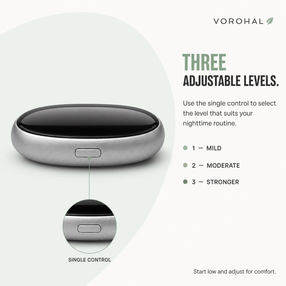 Three adjustable levels: mild, moderate and stronger, selected with the device's single control button.