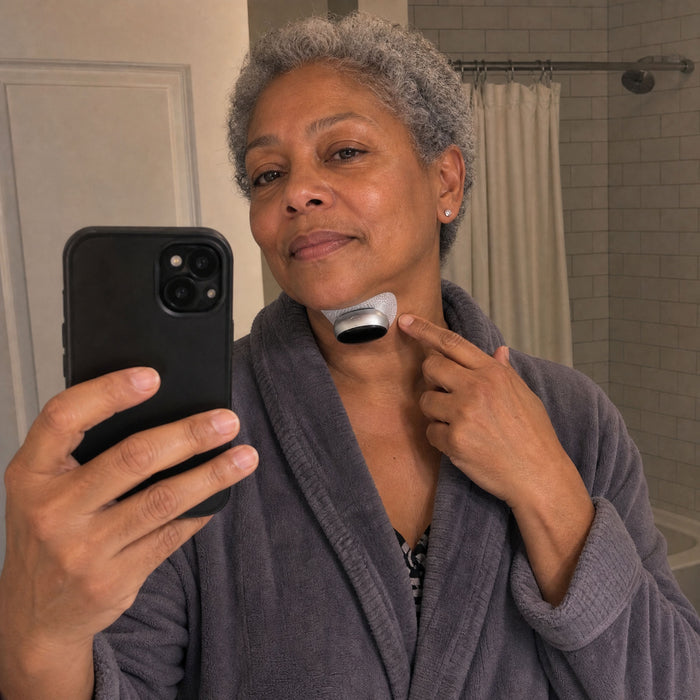 A woman in a bathroom taking a mirror selfie, pointing at the VoroHal Sleep Aid on her throat