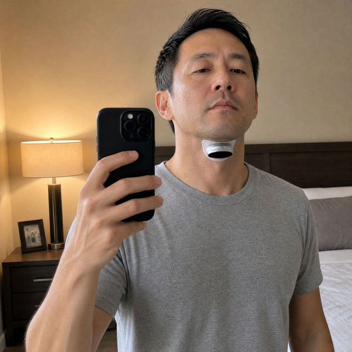 A man taking a bedroom mirror selfie with the VoroHal Sleep Aid fitted under his chin