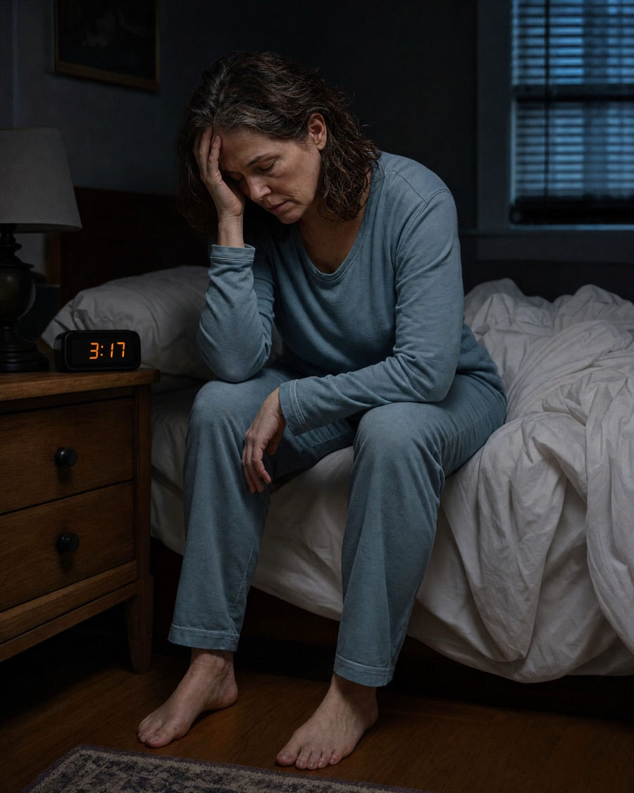 A woman sitting on the edge of her bed in the dark, bedside clock reading 3:17