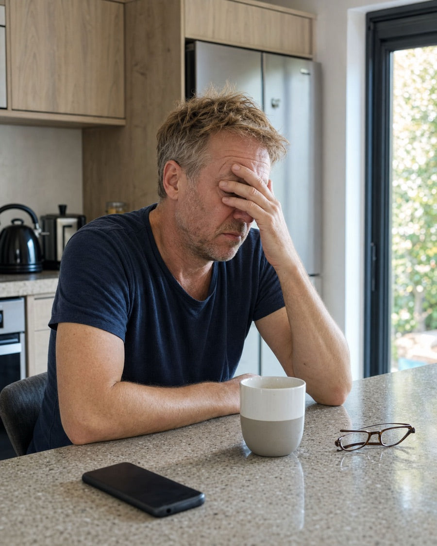 A tired man at a kitchen counter in the morning with a coffee, hand over his eyes