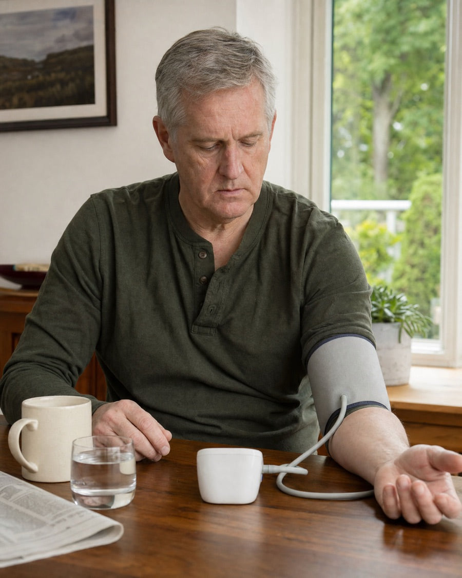 A man at his kitchen table taking his blood pressure with a home monitor