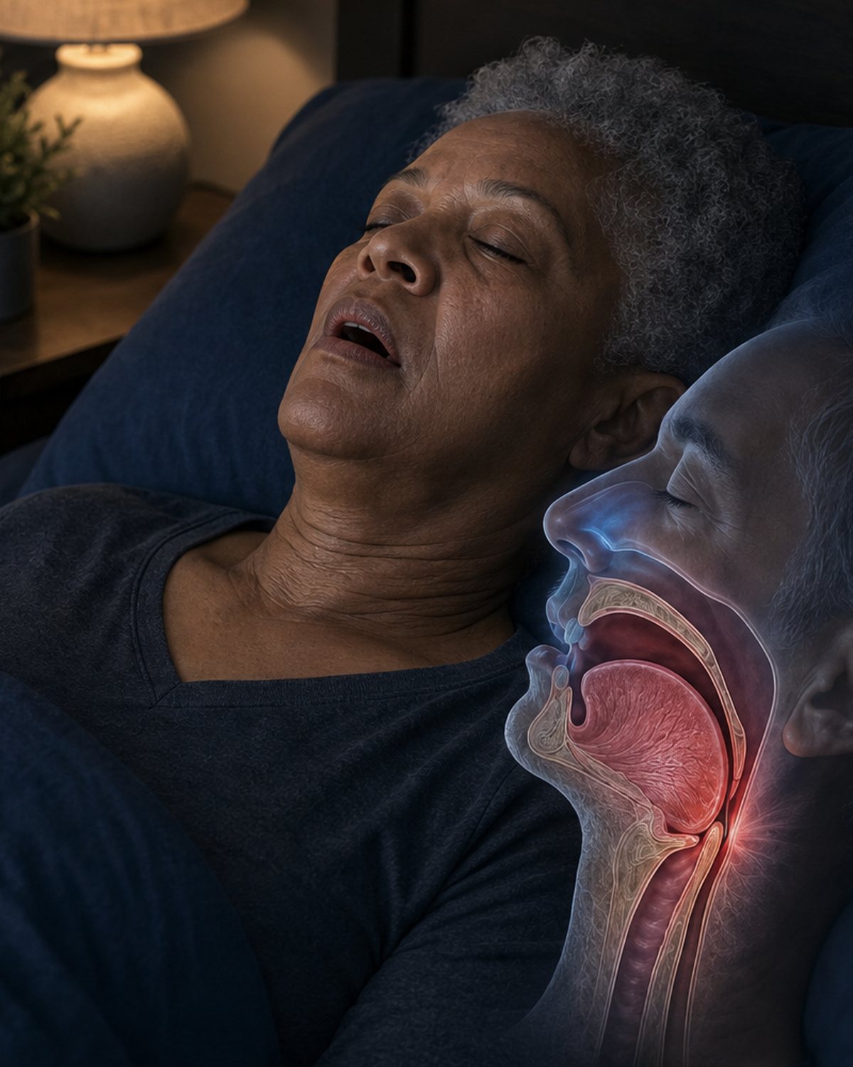 A sleeping woman with an anatomical cross-section showing the upper airway narrowing at the back of the throat.