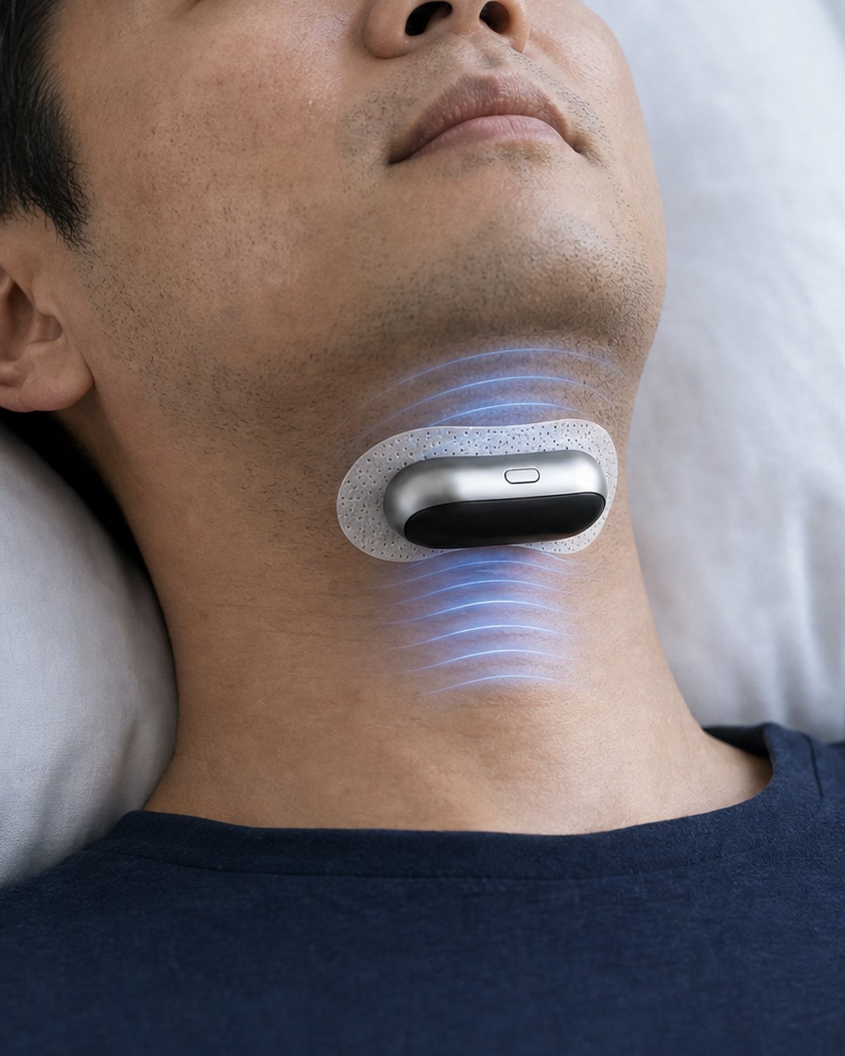 The VoroHal wearable attached to a skin-contact patch beneath a sleeping man&rsquo;s chin.