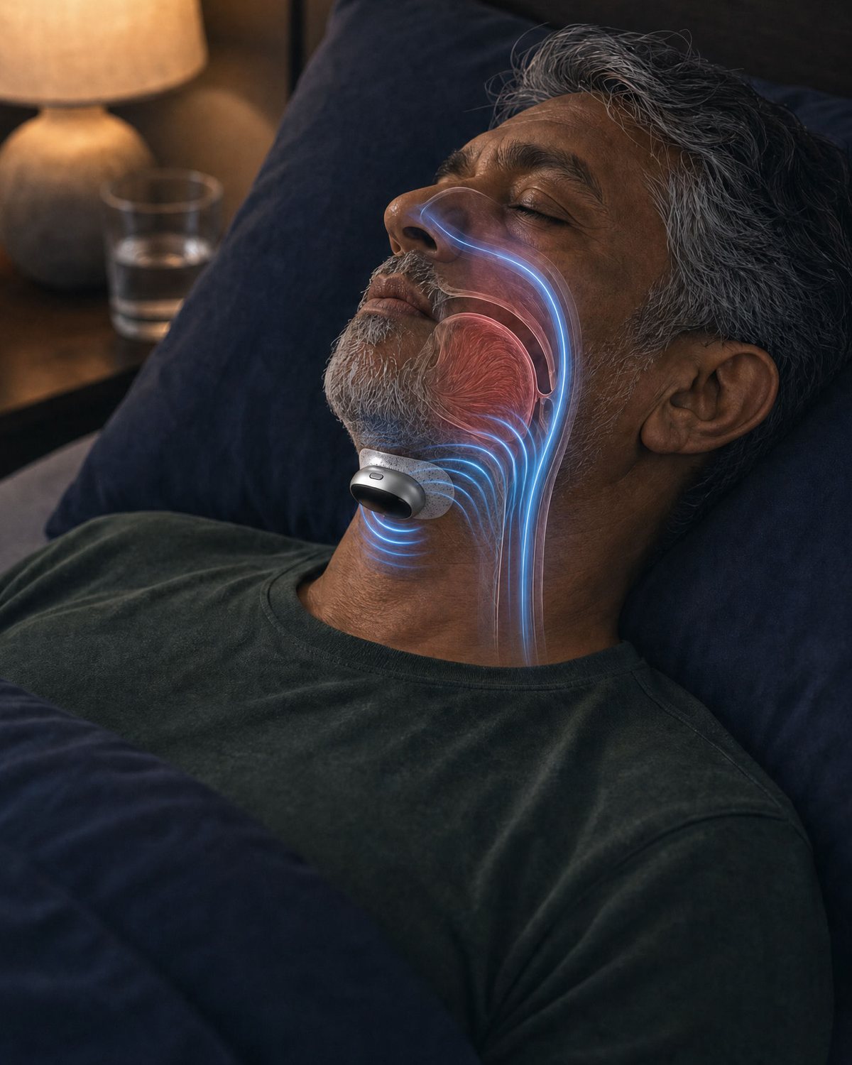 A sleeping man wearing the device, with an illustration of the tongue and upper airway held open.