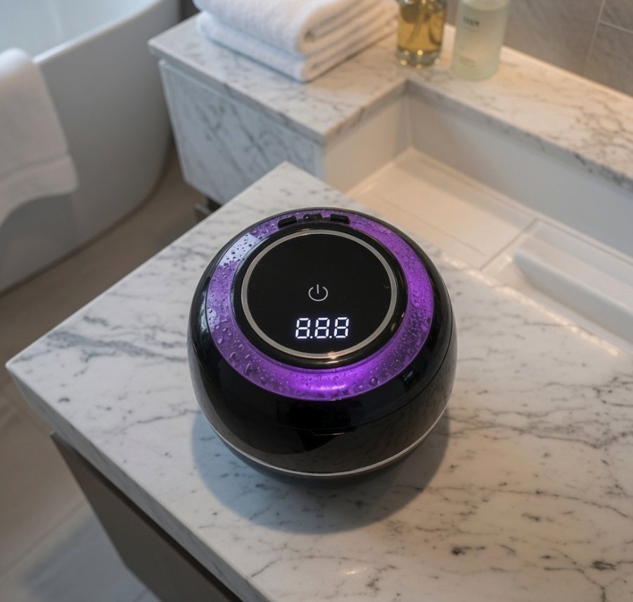 Customer photo — black cleaner on bathroom counter